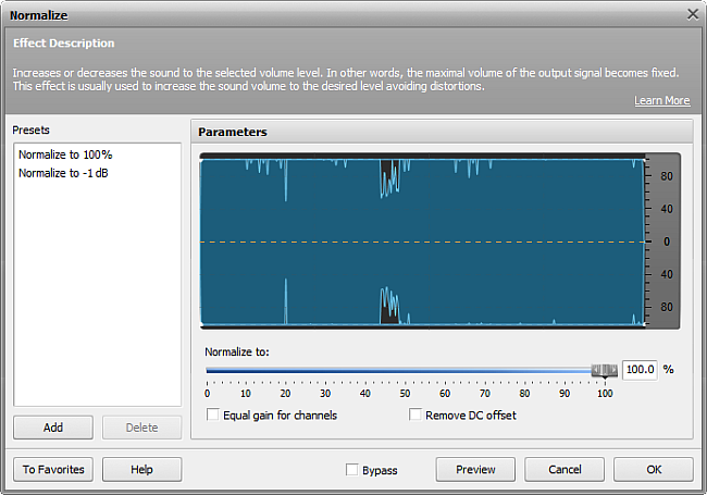 Окно Normalize в AVS Audio Editor