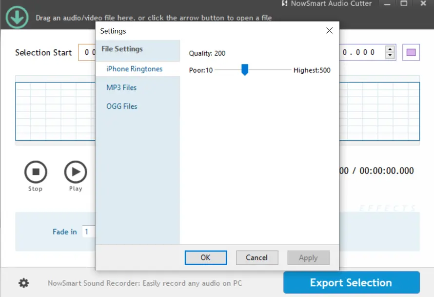 Окно Settings в NowSmart Audio Cutter