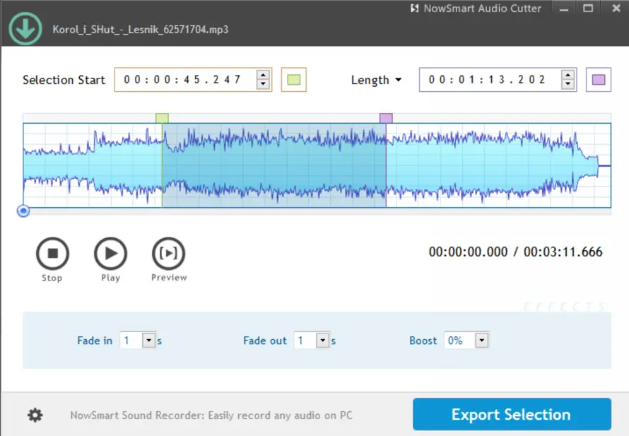 NowSmart Audio Cutter с загруженным треком и выделенным фрагментом