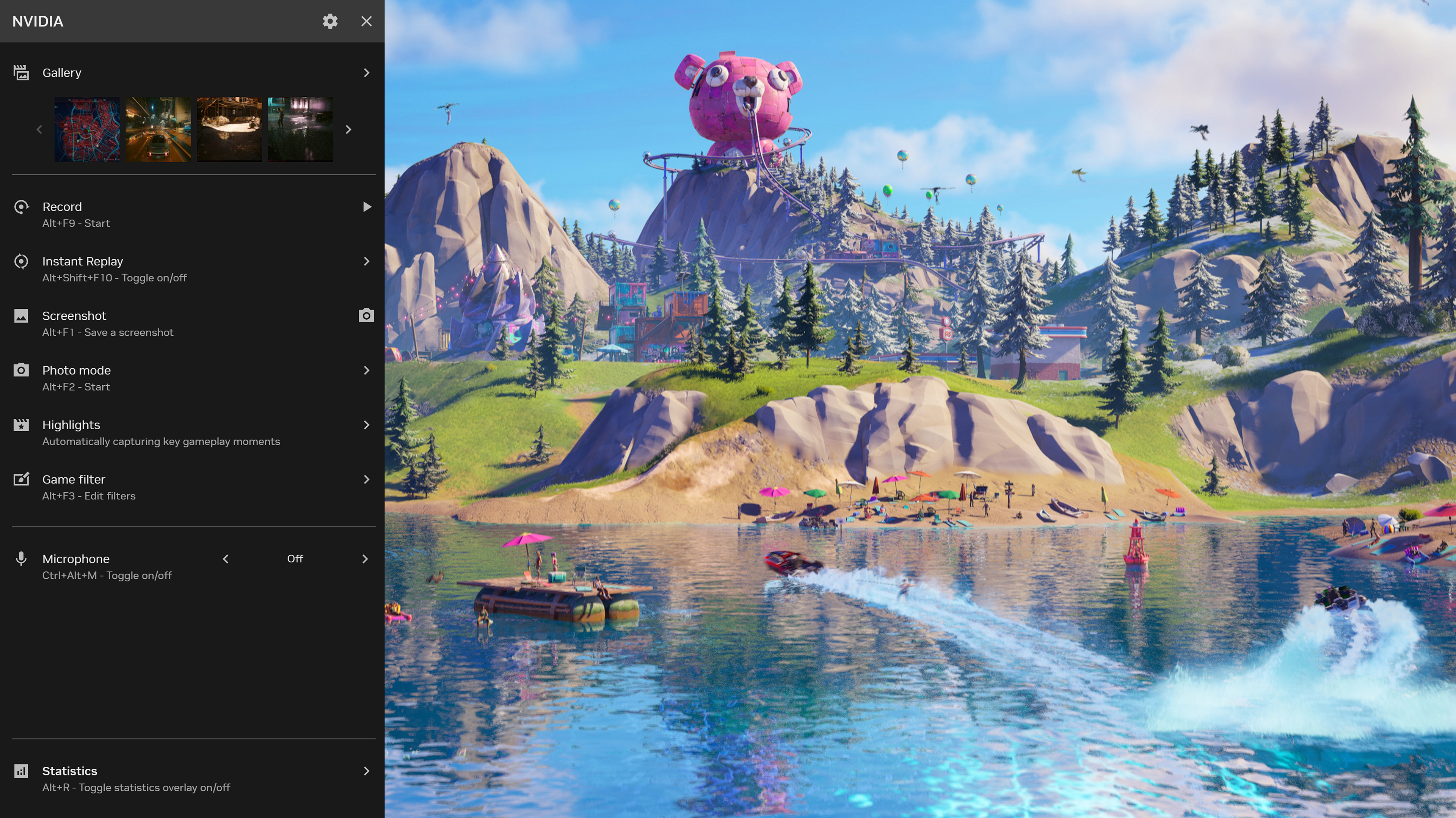 NVIDIA Overlay поверх игры: Gallery, Record, Instant Replay, Screenshot, Photo mode, Highlights