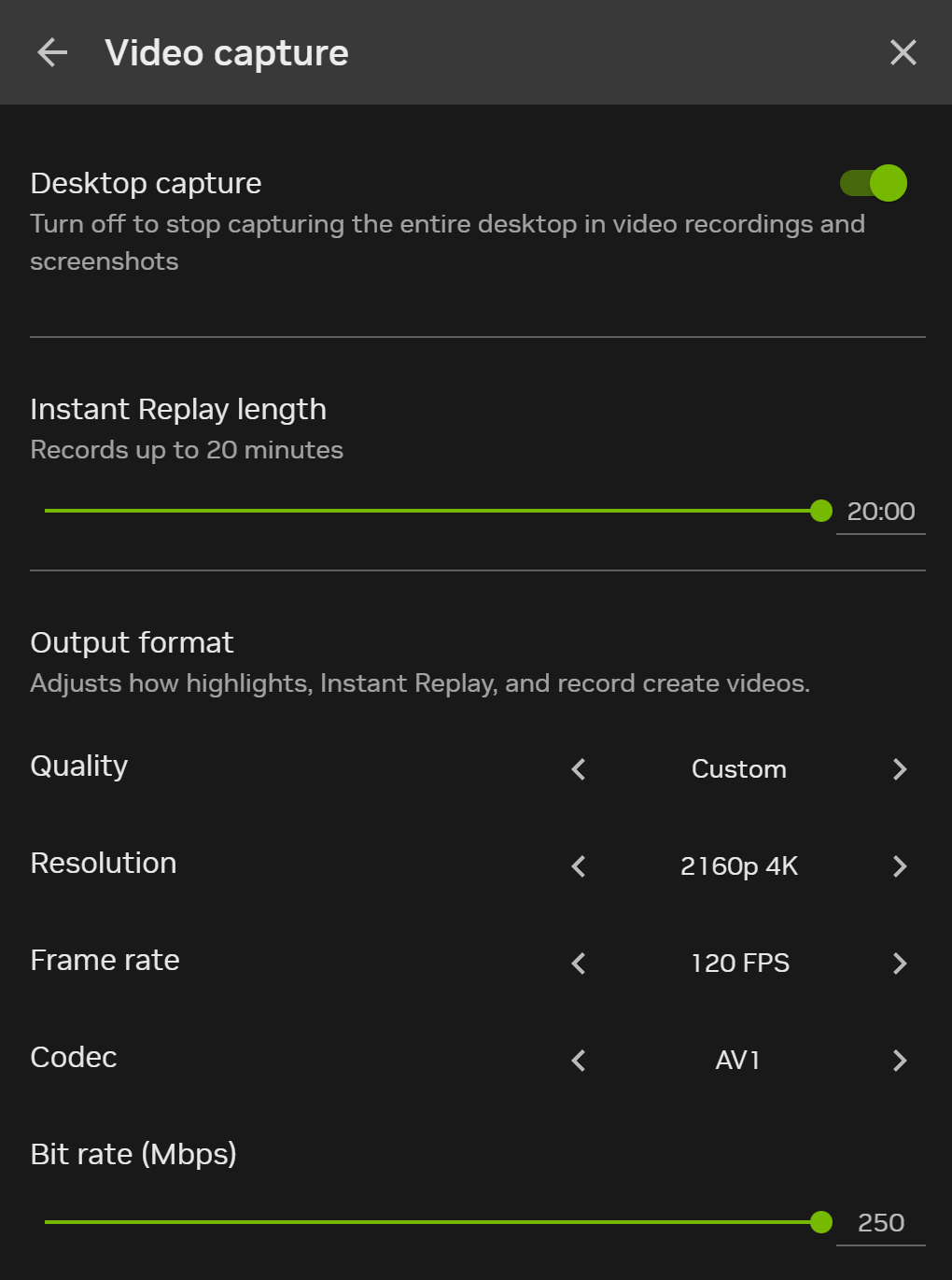 Раздел Video capture в NVIDIA ShadowPlay: Desktop capture, Instant Replay length, Quality, Resolution, Frame rate, Codec, Bit rate