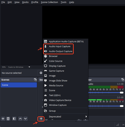 Добавление аудиоисточника в OBS Studio