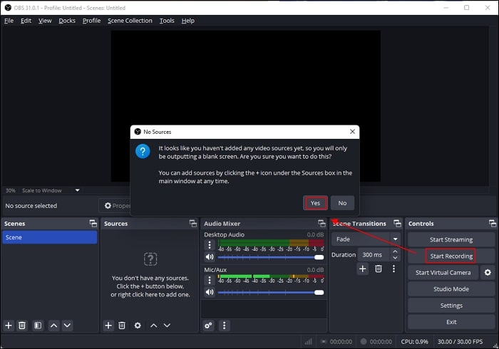 OBS Studio: старт записи звука рабочего стола