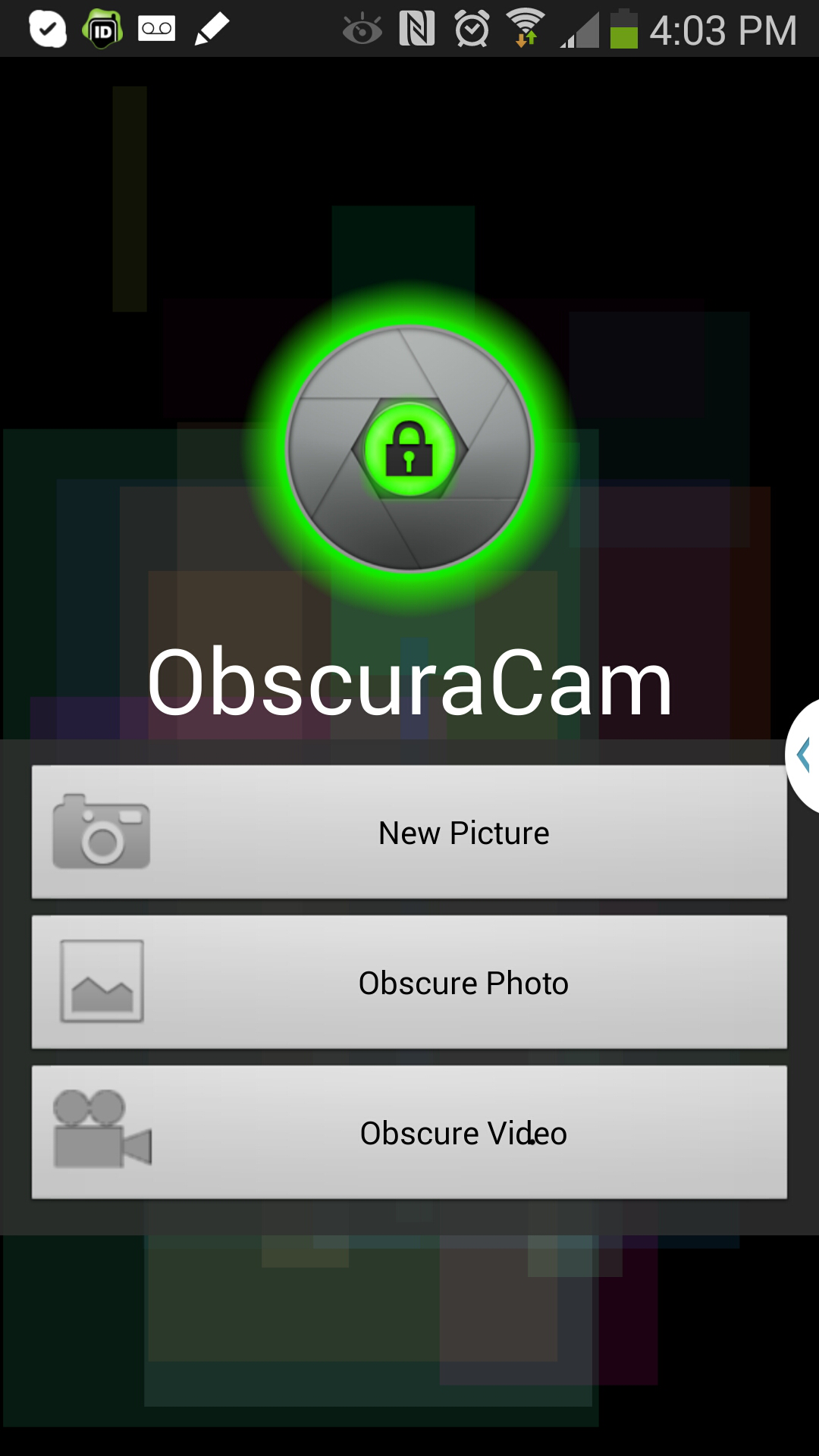 Главный экран ObscuraCam с кнопками New Picture, Obscure Photo и Obscure Video
