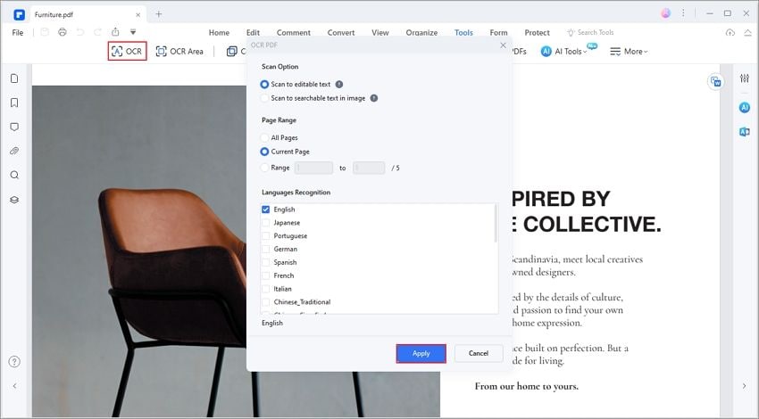 Настройки OCR в PDFelement