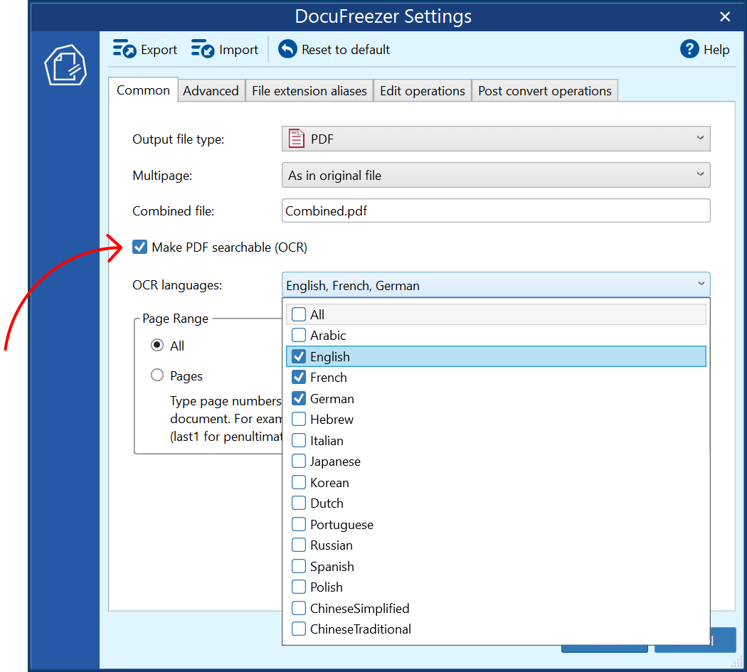Настройка OCR в DocuFreezer