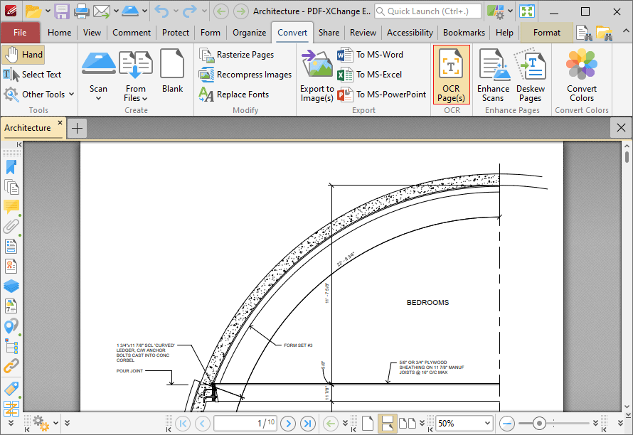 Кнопка OCR Pages на вкладке Convert в PDF-XChange Editor