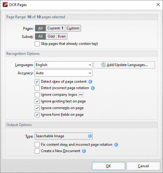 Диалог OCR Pages с параметрами распознавания