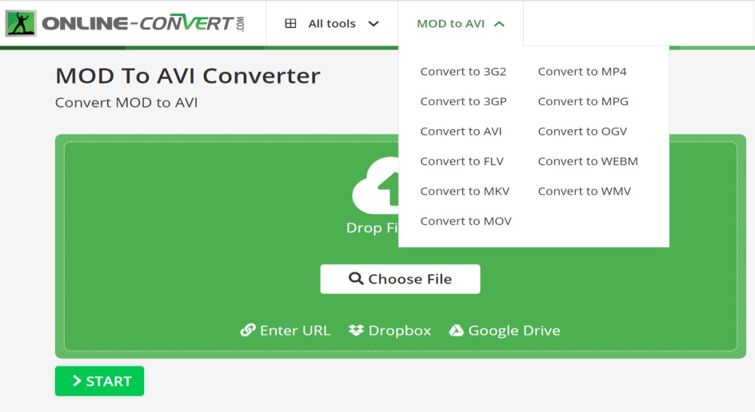Конвертация MOD в AVI через Online-Convert