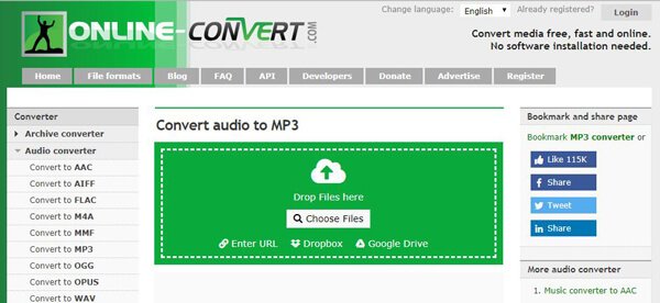 Online-Convert: страница преобразования в MP3