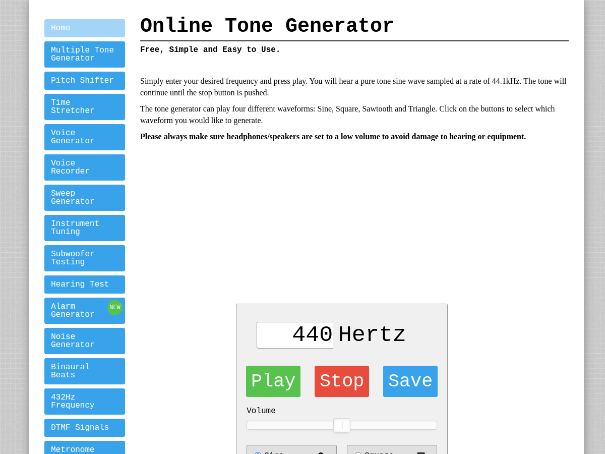 Интерфейс Online Tone Generator