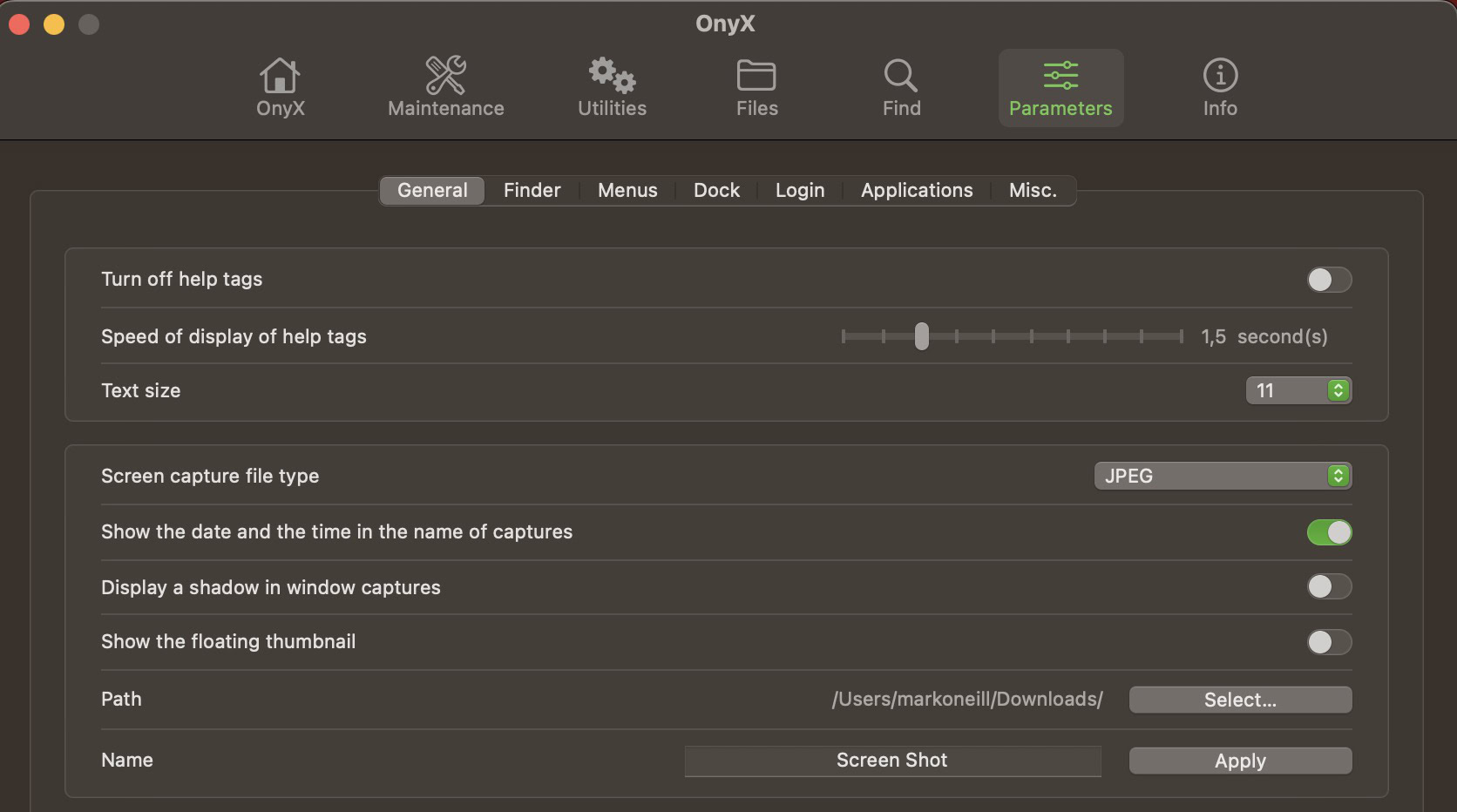Раздел Parameters в OnyX с настройками General и параметрами скриншотов