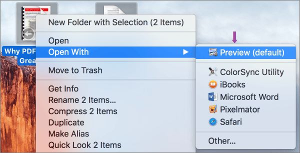 Открытие PDF в приложении Просмотр на macOS