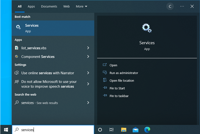 Поиск Services в Windows 10