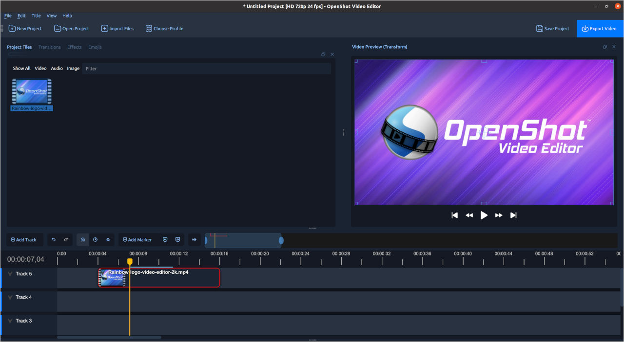 Интерфейс OpenShot с таймлайном, дорожками и окном предпросмотра