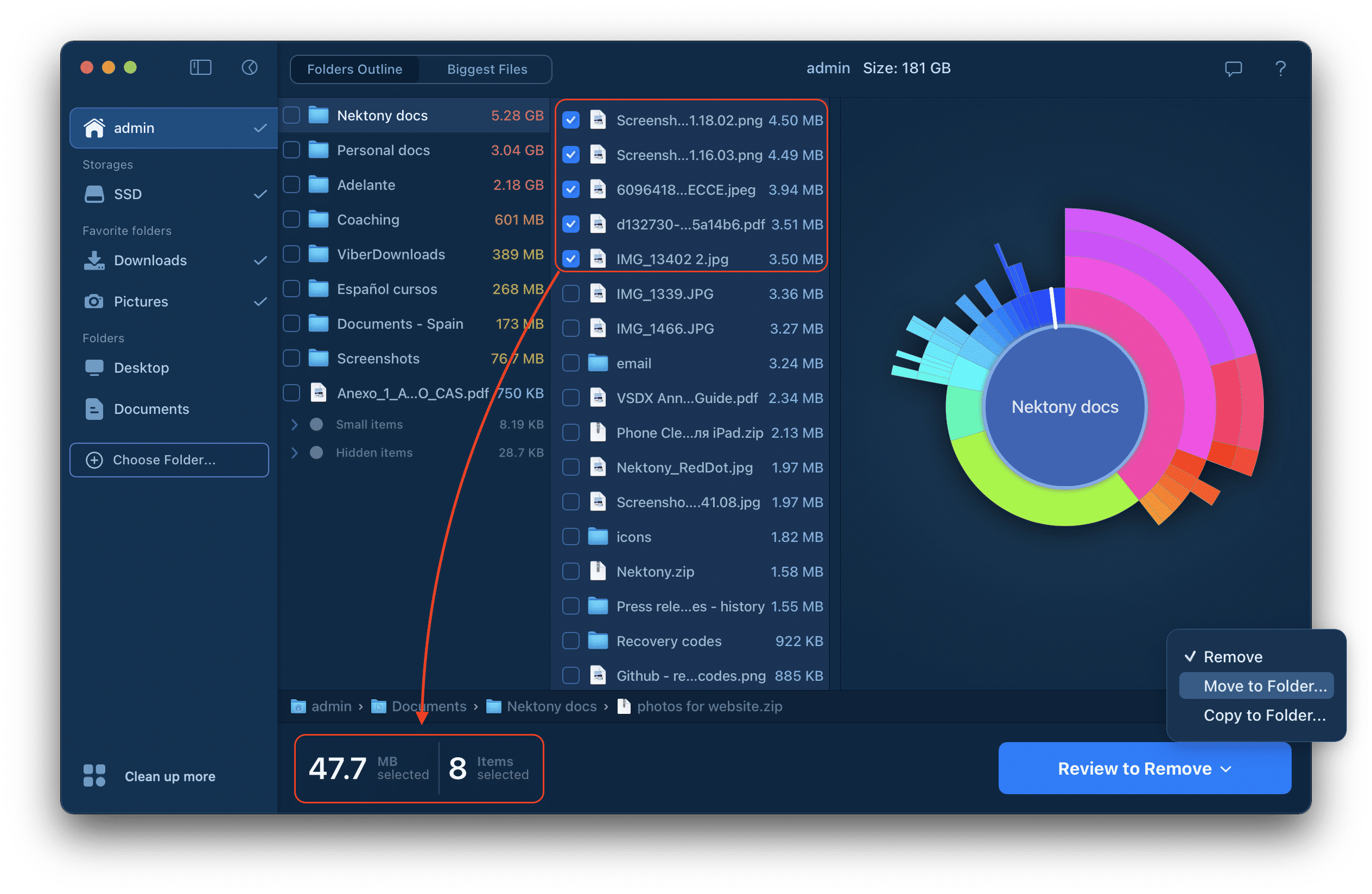 Выбор и операции с файлами в Disk Space Analyzer