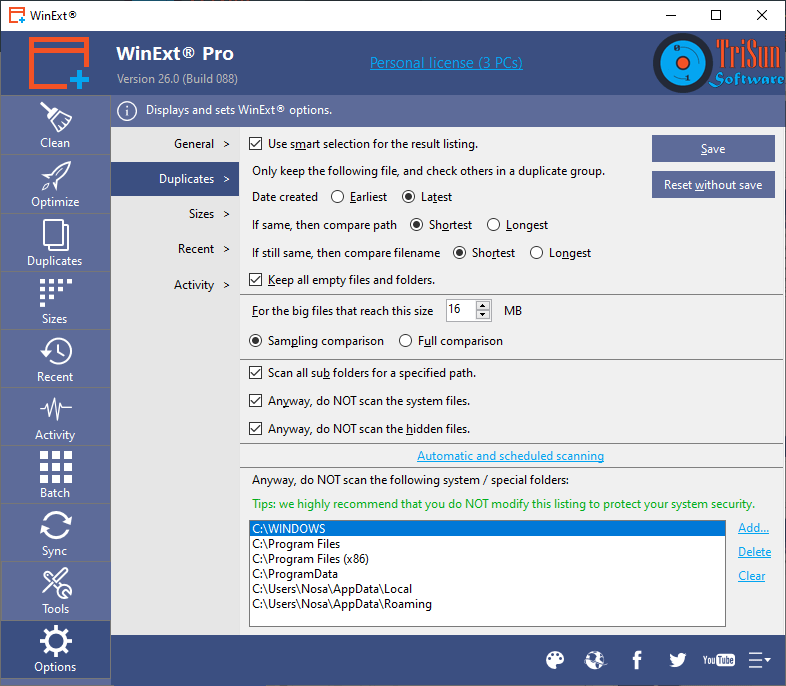 WinExt Free — настройки поиска дубликатов в Options