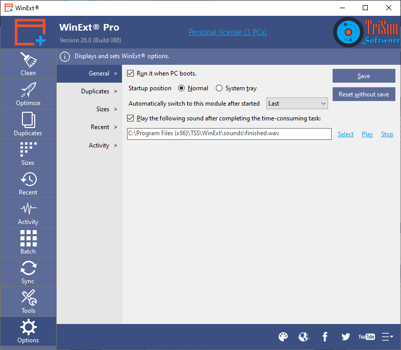 WinExt Free — общие настройки в разделе Options