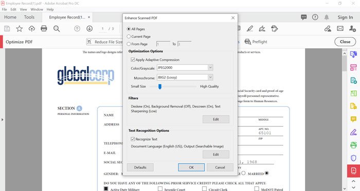 Настройки оптимизации отсканированной страницы в Adobe Acrobat