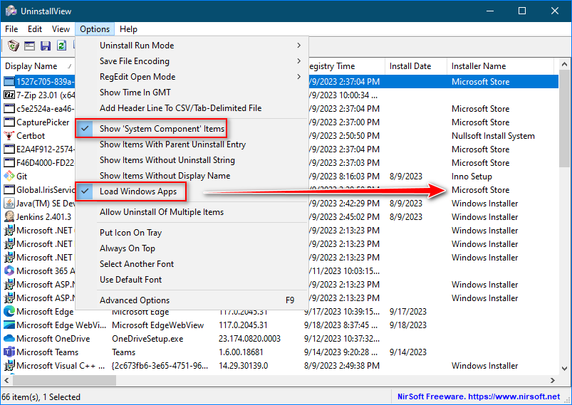 Опции UninstallView для показа системных компонентов и Windows Apps