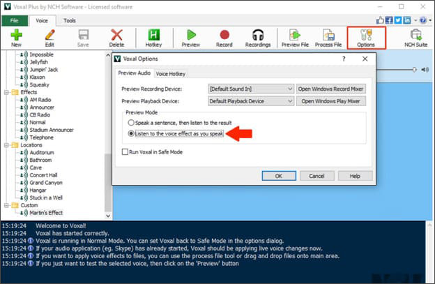Настройки preview-аудио в Voxal