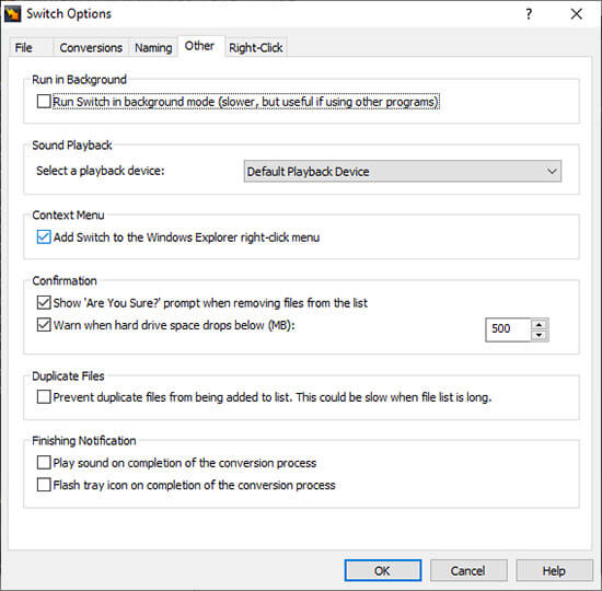 Окно Switch Options — общие параметры и правый клик в Проводнике