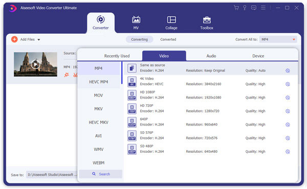 Выбор выходного формата в Aiseesoft Video Converter