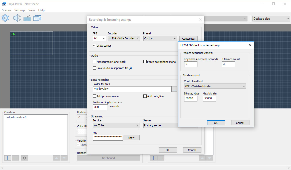 Окно Recording & Streaming settings в PlayClaw