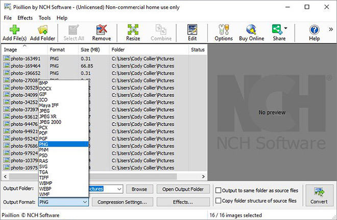 Pixillion Image Converter: выбор выходного формата JPG