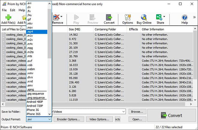 Выбор формата AVI в Prism Video Converter