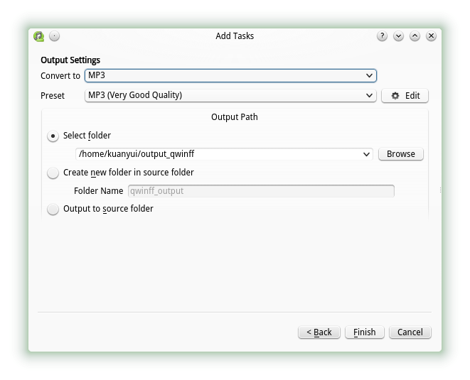 Окно Add Tasks с настройками Convert to, Preset и Output Path