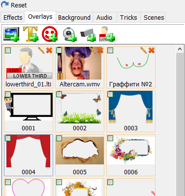 Вкладка Overlays в AlterCam