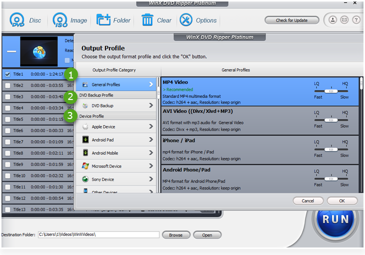 Выбор MP4 Video в Output Profile WinX DVD Ripper Platinum