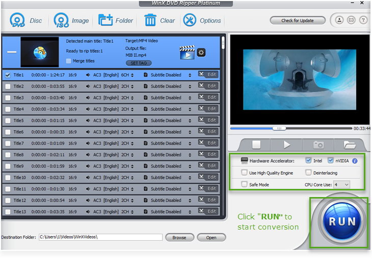 Запуск конвертации DVD через кнопку RUN в WinX DVD Ripper Platinum