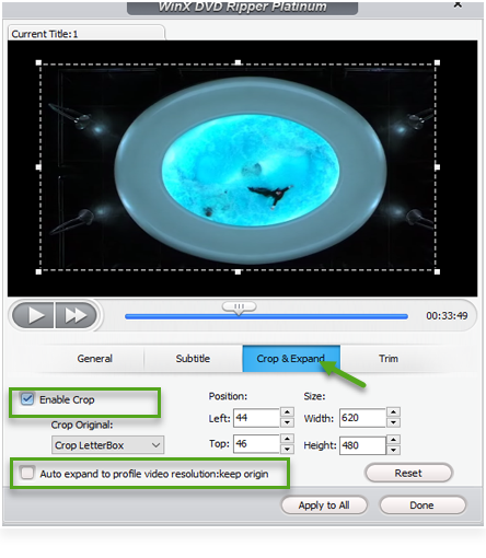 Кадрирование DVD через Crop & Expand в WinX DVD Ripper Platinum
