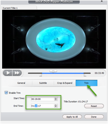 Обрезка фрагмента DVD через Trim в WinX DVD Ripper Platinum