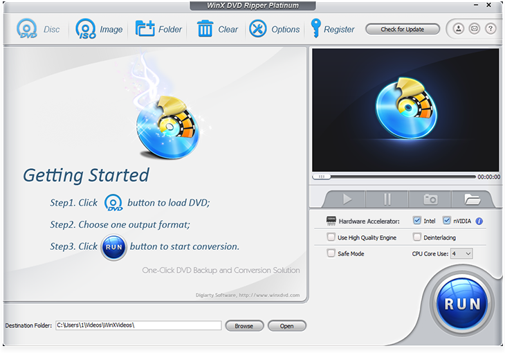 Интерфейс WinX DVD Ripper Platinum с кнопками Disc, Image, Folder и RUN