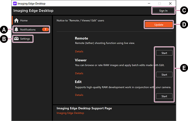 Главный экран Sony Imaging Edge Desktop с модулями Remote, Viewer и Edit