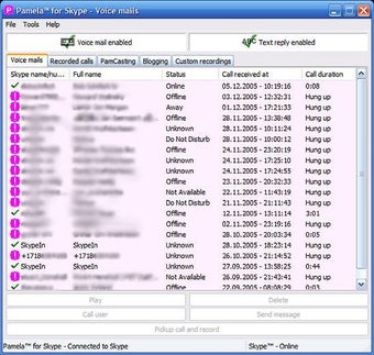 Основное окно Pamela for Skype с вкладками Voice mails, Recorded calls и Custom recordings
