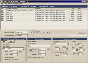 Интерфейс Pazera Free MOV to AVI Converter с выбранными настройками видео, аудио и Advanced settings