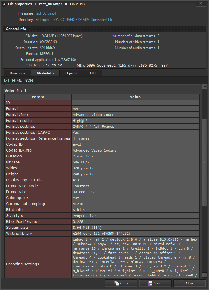Окно File properties в Pazera Free Audio Extractor