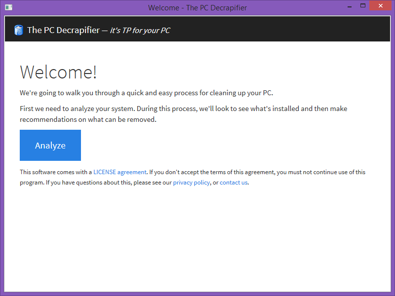 Окно Welcome в The PC Decrapifier