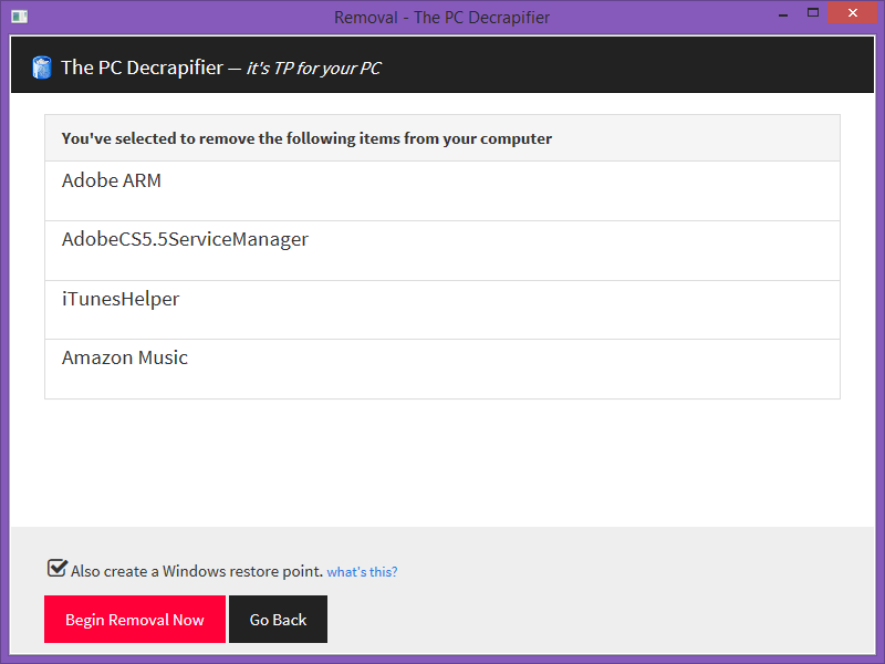 Подтверждение удаления в The PC Decrapifier