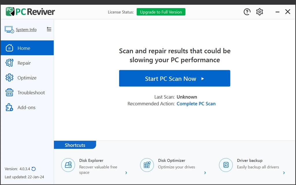 PC Reviver: главный экран с кнопкой Start PC Scan Now
