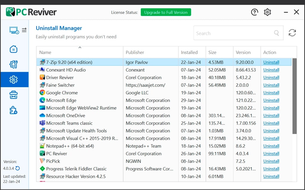 PC Reviver: Uninstall Manager со списком установленных программ