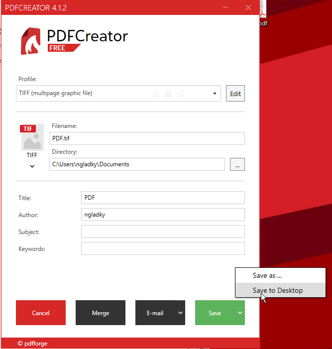 Окно сохранения PDFCreator с выбором профиля, имени файла и служебных полей