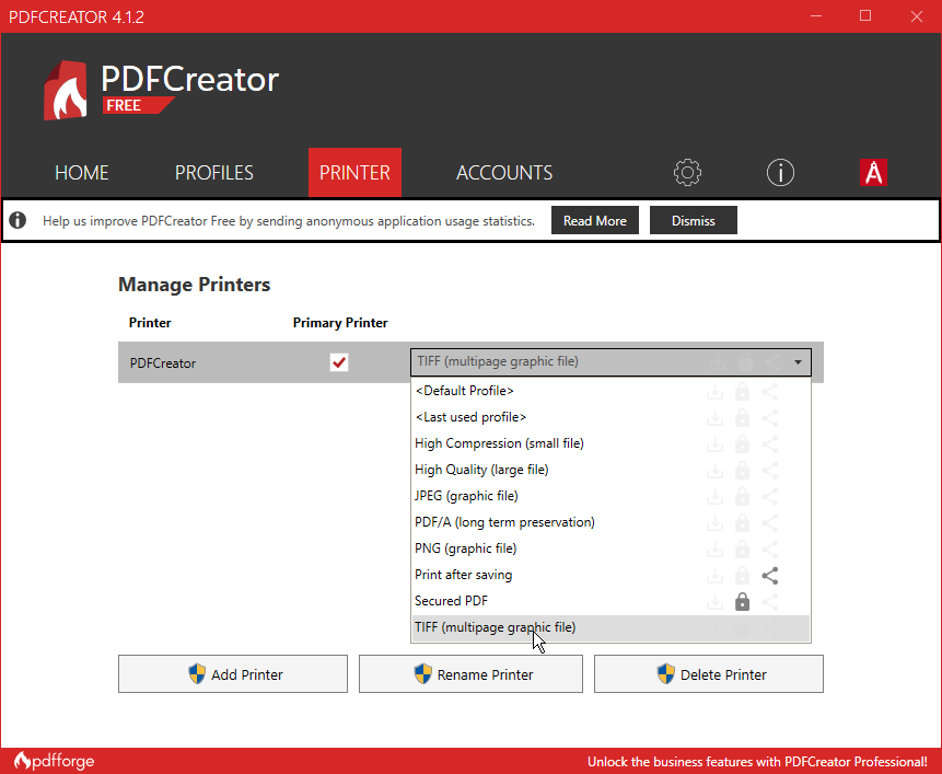 Вкладка Printer в PDFCreator: привязка профиля к виртуальному принтеру