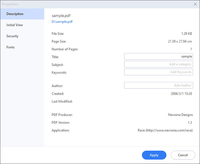 Окно свойств PDF в PDFelement