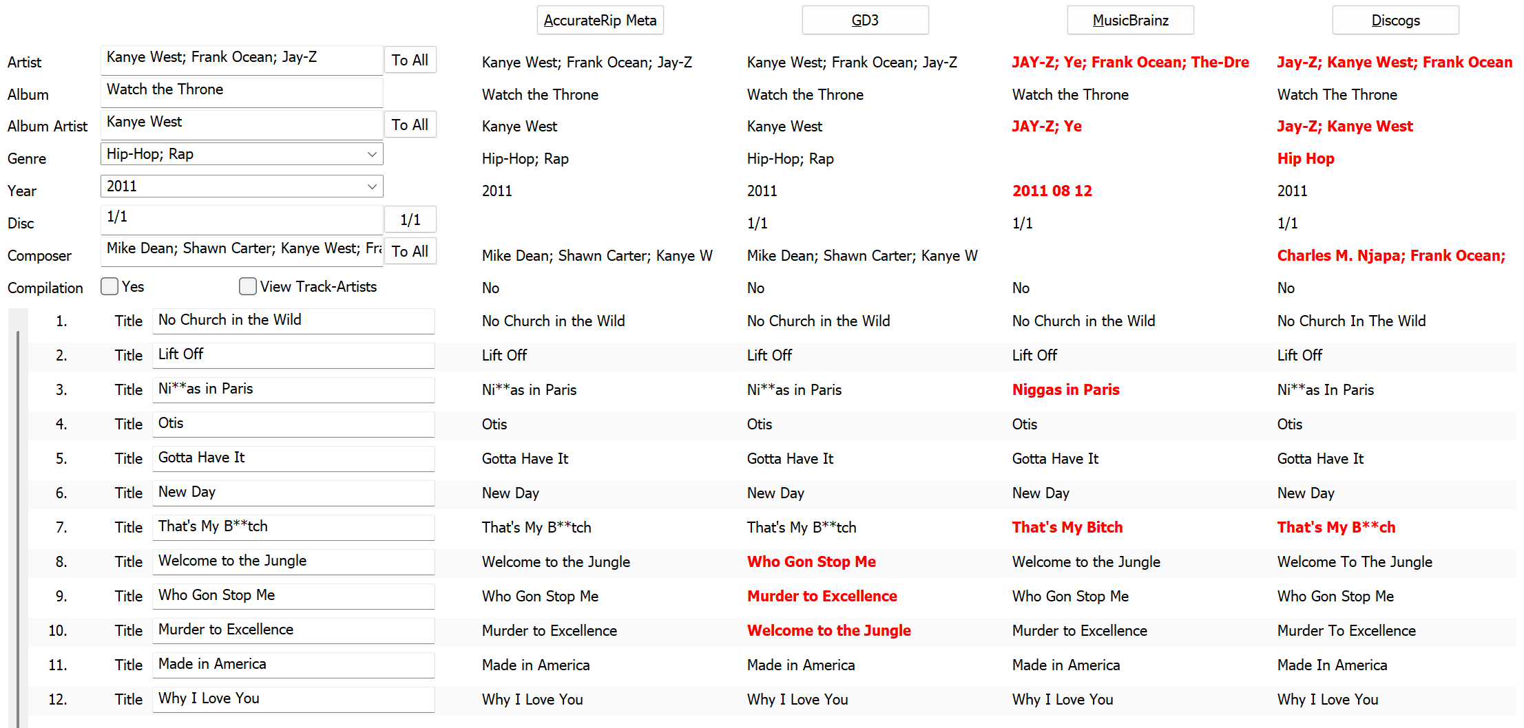 Окно сравнения метаданных в dBpoweramp CD Ripper