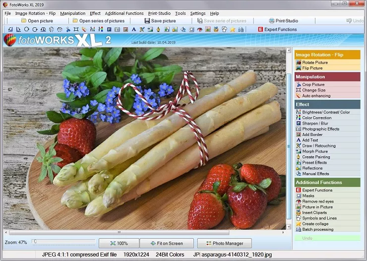 Главное окно FotoWorks XL 2 с открытой фотографией и правой панелью инструментов